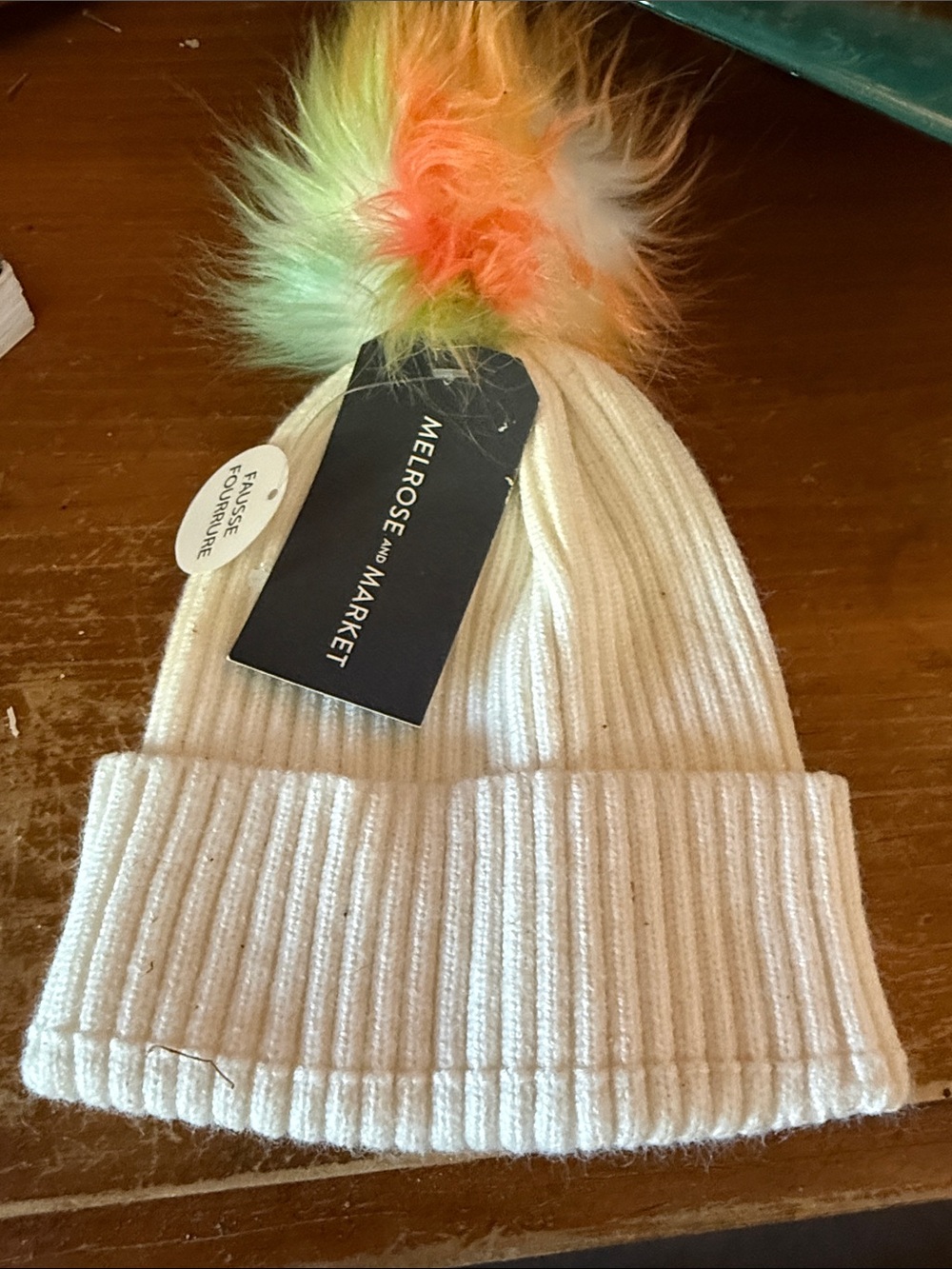 Melrose and Market Cream Knit Beanie with Multicolor Faux Fur Pom